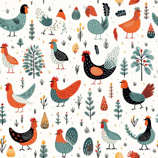 christmas theme, variety of chickens, hand drawn style, white background --tile --s 250