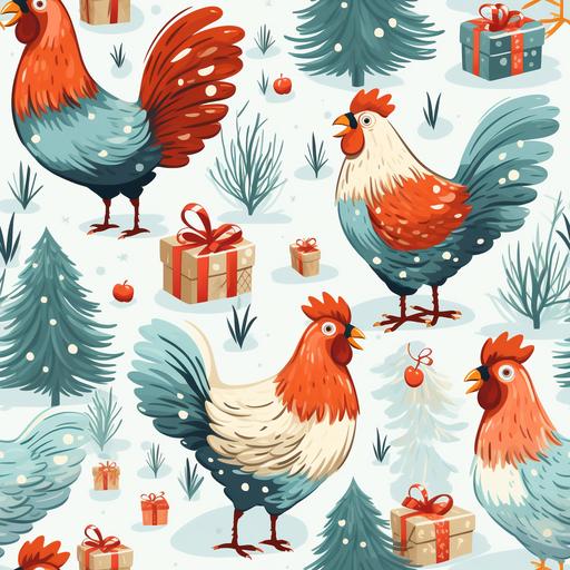 christmas theme, variety of chickens, hand drawn style, white background --tile --s 250