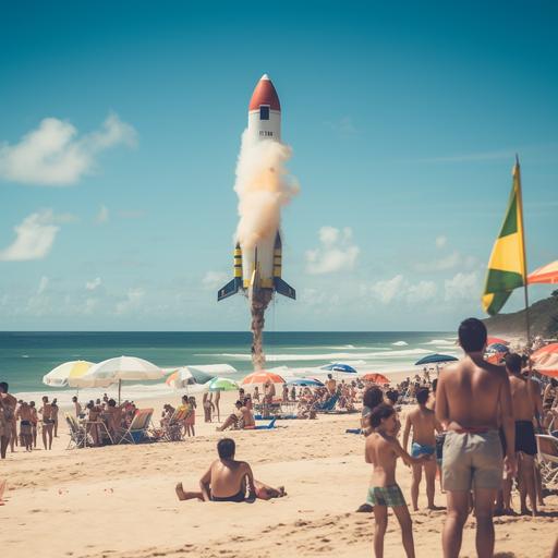 a rocket being launched at a brazilian beach with a Brazilian flag hanging from the rocket hull. and a sea in the background, on the sand put some brazilians sunbathing on the beach and watching the rocket being launched