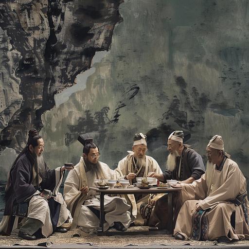 Six men in ancient Chinese costumes sit drinking tea and conversing, behind is a rocky mountain, dark green, the color of ancient times