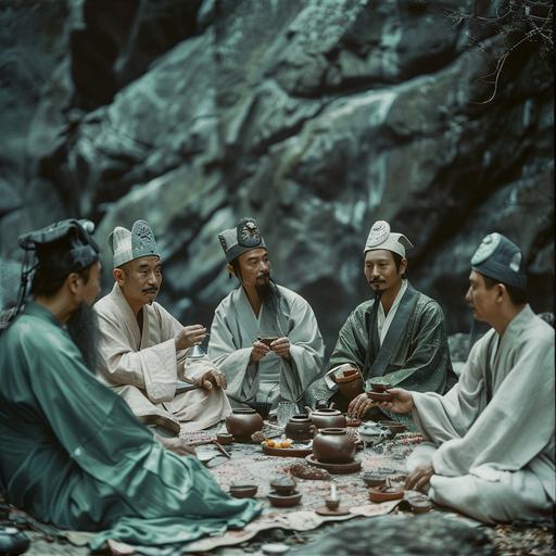 horizontal rectangular image ratio. Six men in Chinese ancient costumes sit drinking tea and conversing, behind is a rocky mountain, dark green, old antique color, sharp image like in a movie