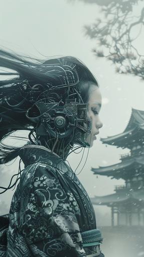 A woman wearing a kimono with long hair blowing in the wind and wearing a creepy mask emerges from a Japanese temple in foggy weather. Her neck is made of machinery. Incredibly photorealistic. movie style. --ar 9:16