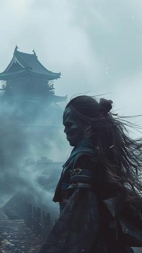 A woman wearing a skull kimono mask with long hair blowing in the wind emerges from a Japanese castle in foggy weather. She is incredibly photo-realistic. movie style. --ar 9:16