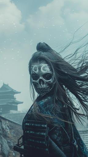 A woman wearing a skull-shaped kimono mask with long hair blowing in the wind emerges from a Japanese castle in foggy weather in a photo-realistic movie style. --ar 9:16