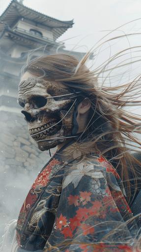 A woman wearing a skull-shaped kimono mask with long hair blowing in the wind emerges from a Japanese castle in foggy weather in a photo-realistic movie style. --ar 9:16