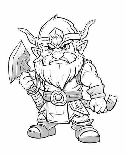 coloring page for kids, dwarf with axe, thick lines, cartoon style, no shading, black and white --ar 9:11