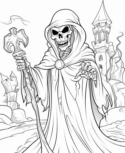 coloring page for kids, lich in graveyard, thick lines, cartoon style, no shading, black and white --ar 9:11