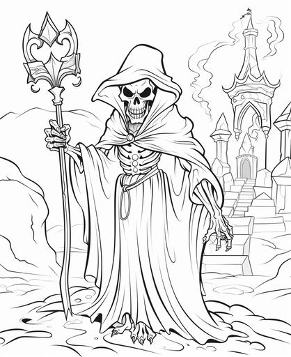 coloring page for kids, lich in graveyard, thick lines, cartoon style, no shading, black and white --ar 9:11