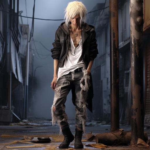 character of a very mature skinny sensual lady, hobo style with overknees, blonde-white short hairs, ripped clothes, survivor in a postacoplypthic world, frontal view, hyper realistic, details, cinemtic loight, full body