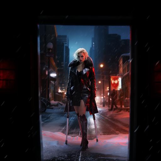 ultra realistic character, picture or movie, of a chubby blonde lady in her 40, with short hairs, dressed in a tight leather suit and miniskirt, wearing overknees with high heels, walking in a night metropolis in winter, she use a red metal walking stick, there is a lot of snow and dirt, hyperealism, many details