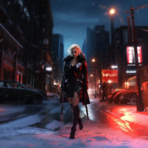 ultra realistic character, picture or movie, of a chubby blonde lady in her 40, with short hairs, dressed in a tight leather suit and miniskirt, wearing overknees with high heels, walking in a night metropolis in winter, she use a red metal walking stick, there is a lot of snow and dirt, hyperealism, many details