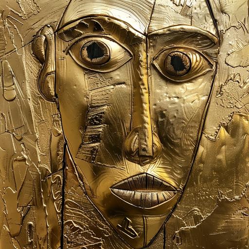 picasso style, inspired by primitive masks, child portraits, on gold plate, embossed, 8k, artistic, elite --v 6.0