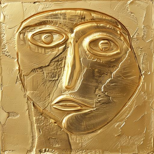 picasso style, inspired by primitive masks, child portraits, on gold plate, embossed, 8k, artistic, elite