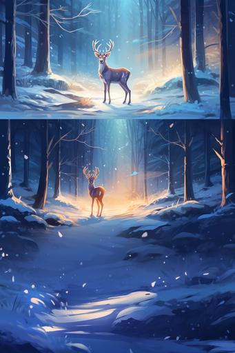 disney and pixar illustration style, deer, walking, winter, simple, magical forest, no outline