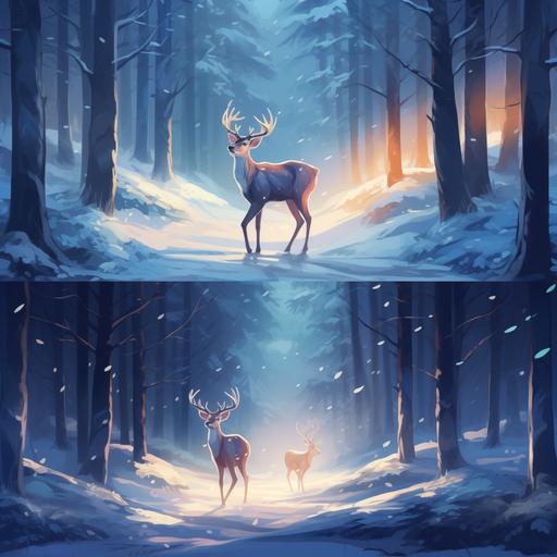 disney and pixar illustration style, deer, walking, winter, simple, magical forest, no outline