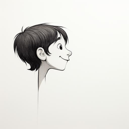 artoon with black thick line , side profile of a kid whispering, white backgaround, smiling face