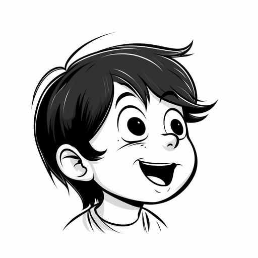 cartoon with black thick line , side profile of a kid whispering, white backgaround, smiling face