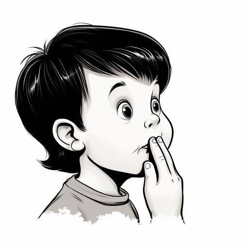 cartoon with black thick line , side profile of a kid whispering, white backgaround