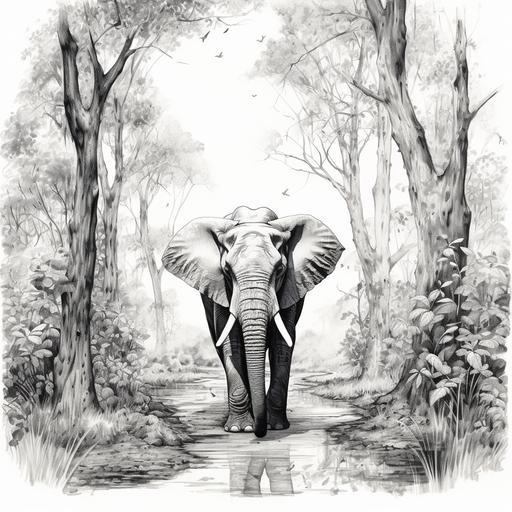 elephant walking in a forst, black and white, black border lines only, whote background, no shading, no color