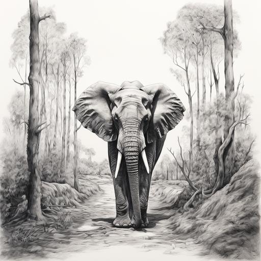 elephant walking in a forst, black and white, black lines only, whote background, no shading, no color