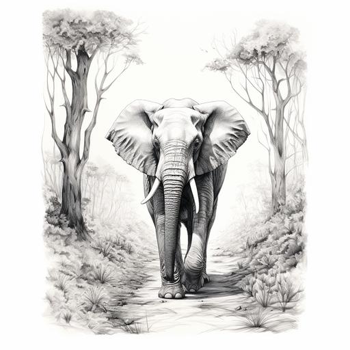 elephant walking in a forst, black and white, black lines only, whote background, no shading, no color