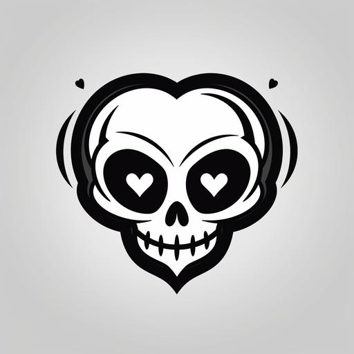 Cartoon skull black and white logo, hearts for eyes, logo, vector flat