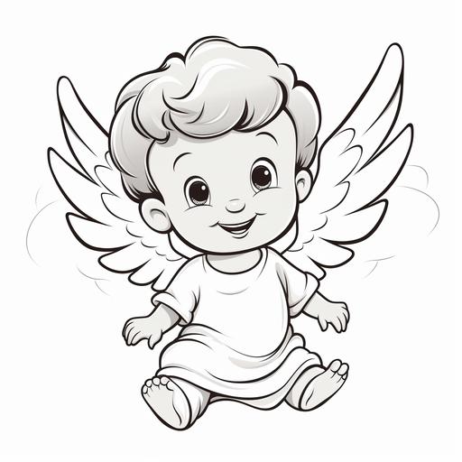 Coloring page for kids, a flying baby angel , cartoon style, low dettail, thick lines, no shading