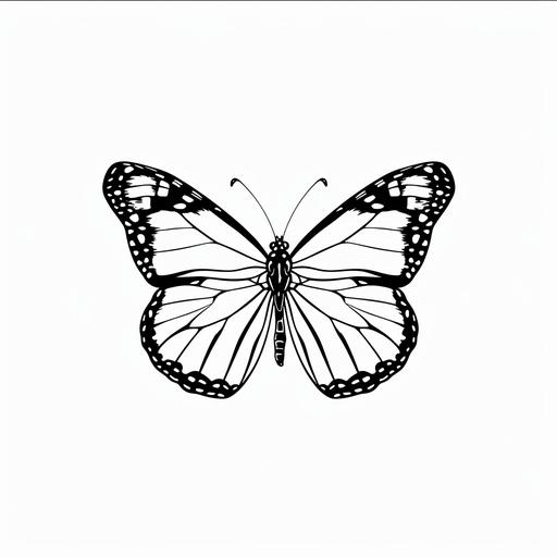 cartoon style, a cut butterfly, no background, thick lines, simple black and white line drawing, black and white, drawing line art, simple, simplistic, minimalist, plain, no detail, white background,