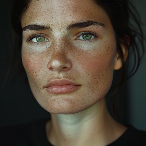 portrait photo with a Canon R5, 50 mm, DSLR, of a 35-year-old brunette woman with green eyes and freckles. She is brunette with her hair slicked back.