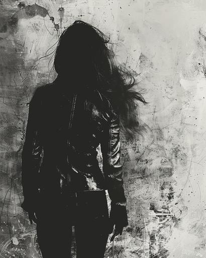 6354_black and white sketch, silhouette of a female figure, sketch of a woman in a leather jacket, background pencil sketch of shadows, surreal, bright texture, sharp contour lines.. Photo taken with a professional camera --ar 4:5
