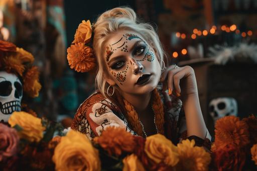 blob: A vibrant and colorful photograph capturing the essence of Día de los Muertos, featuring a beautiful blonde young woman with a full figure, adorned in the traditional attire of the Mexican Day of the Dead celebration. Her face is painted with the iconic calavera makeup, intricate and symmetrical, with marigold petals and shades of crimson and ebony that honor the festive yet solemn spirit of the holiday. The image is to be shot with a Canon EOS R5, using a RF 85mm f/1.2L USM lens to ensure a shallow depth of field that crisply focuses on the fine details of her costume and makeup. The camera settings are to be: aperture f/2.8 to capture the delicate textures of her dress and the soft glow of her skin, ISO 400 for the vivid colors of her makeup under the warm hues of the setting sun, and a shutter speed of 1/500 sec to freeze the gentle sway of her garments in the mild autumn breeze. The background is a softly blurred tapestry of marigolds and sugar skulls, enhancing her figure as she stands at the center, a living tribute to the ancestors and the joyful celebration of their memories. --ar 3:2 --v 5.0