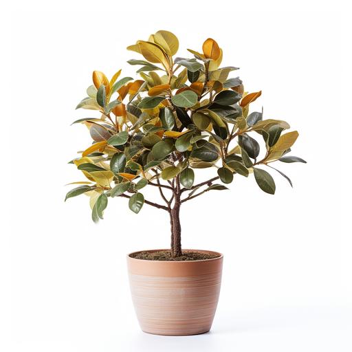 a potted tree with brown leaves. white background