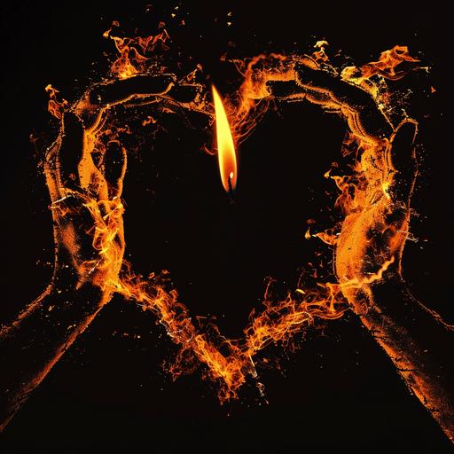 6417_Generate a burning candle in a heart depicted from the fingers of two hands. Background - orange flashes on black --ar 1:1
