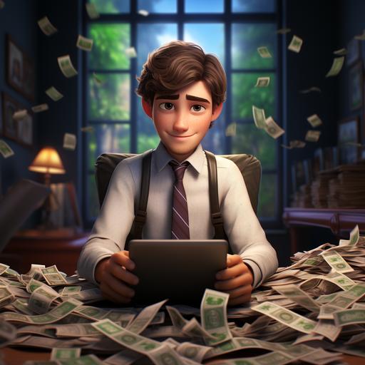 young boss , with legs on a desk , in office full of money, with phone in hands, disney pixar style 3d --s 250 --v 5.2