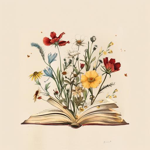 simple illustration of an open book with a few flowers coming out of the book white background different colored flowers