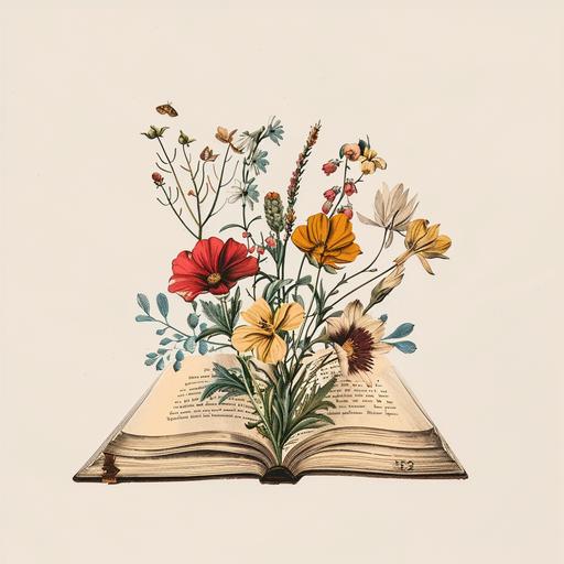 simple illustration of an open book with a few flowers coming out of the book white background different colored flowers