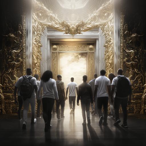 A poster of young black and white men and women walking towards a white and gold door that opens onto a white light.