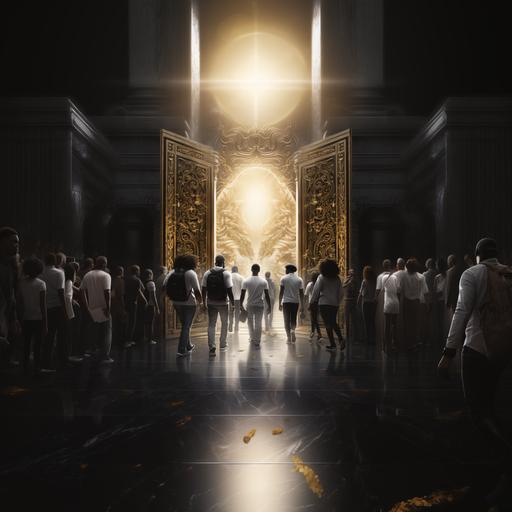 A poster of young black and white men and women walking towards a white and gold door that opens onto a white light.