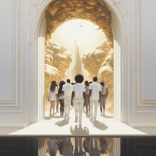 A poster of young men and women walking towards a white and gold door that opens onto a white light