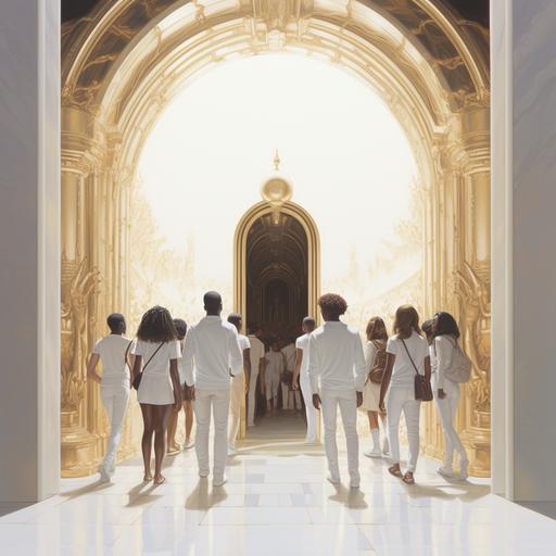 A poster of young men and women walking towards a white and gold door that opens onto a white light