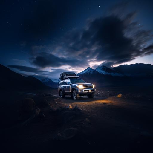 a toyota landcruiser camping at night, clear skies, beautiful stars, astrophotography, northwest