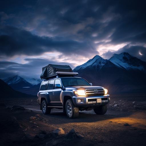 a toyota landcruiser camping at night, clear skies, beautiful stars, astrophotography, northwest