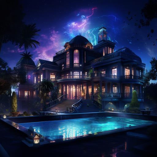 A realistic MANSION WITH A POOL that is not a drawing, in which there are no more than 30 BOYS AND GIRLS It's night and the mansion has many neon lights It has a DJ booth in the middle THE IMAGE HAS TO HAVE THE PERSPECTIVE FROM THE SKY Above the photo you have to write [IN PRIVATE]