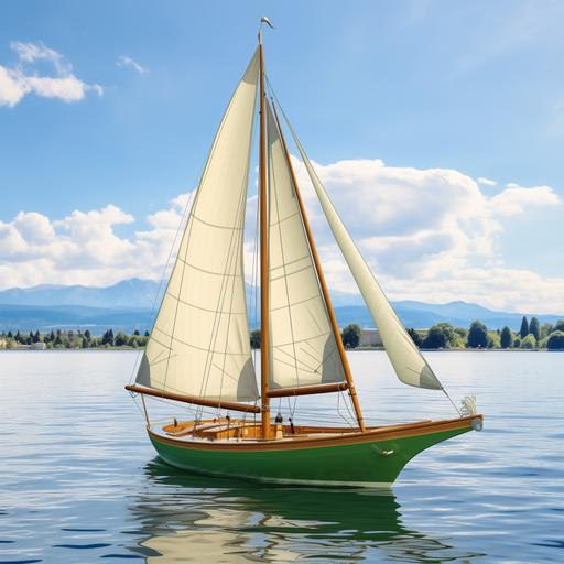 hyper realistic gaff rigged yacht (16ft) with wooden construction and duck green paint on the lake of Geneva