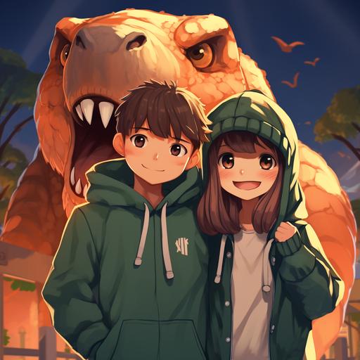 a anime couple with bear and rabbit cartoon Hoodie went to see a super large , cute dinosaur in a zoo.