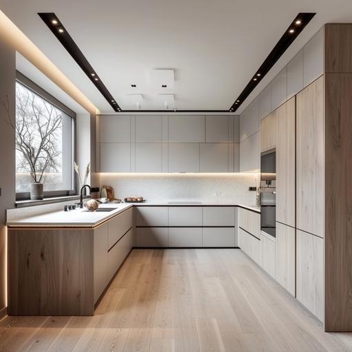 u shape modern kitchen design with color pallete of white and light oak wood.so simple and fresh.new style