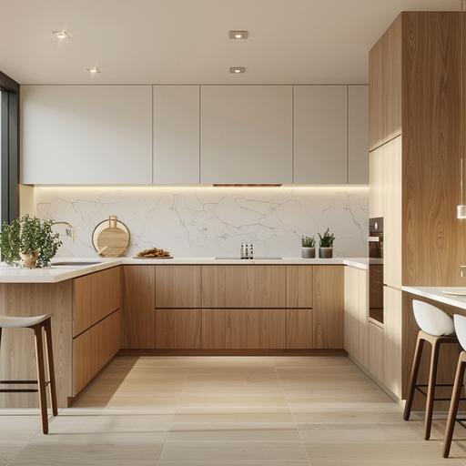 u shape modern kitchen design with color pallete of white and light oak wood.so simple and fresh.new style
