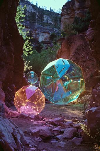 64k ultra detailed photography landscape in the forest trees rocks shrubs near a creek sisters girls teens pretty eyes, walking into a bright green silver metallic gold pink turquoise cyan portal in a canyon landscape at dusk, moody dark surrealist symbolism 1970’s teens retro girls has abstract translucent colorful icosahedron polygon polyhedron jelly network of tubes surrounding them geometric translucent glass, eyes looking directly at the camera, full body portrait including holding a large glass transparent scepter, colorful palette with blue cyan green gold purple, in a desert canyon landscape with rocks --ar 2:3