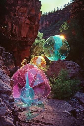 64k ultra detailed photography landscape in the forest trees rocks shrubs near a creek sisters girls teens pretty eyes, walking into a bright green silver metallic gold pink turquoise cyan portal in a canyon landscape at dusk, moody dark surrealist symbolism 1970’s teens retro girls has abstract translucent colorful icosahedron polygon polyhedron jelly network of tubes surrounding them geometric translucent glass, eyes looking directly at the camera, full body portrait including holding a large glass transparent scepter, colorful palette with blue cyan green gold purple, in a desert canyon landscape with rocks --ar 2:3