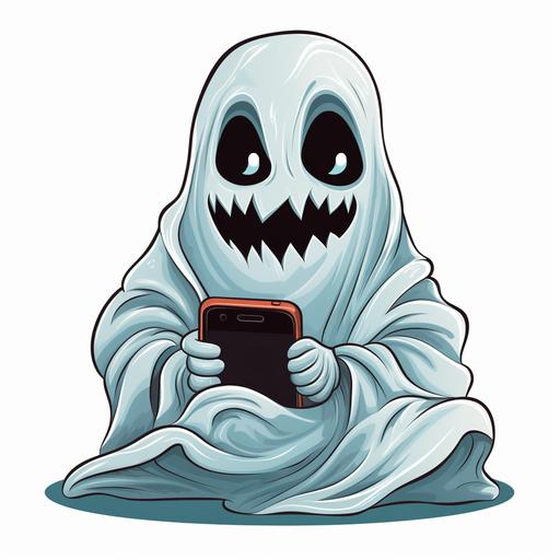ghost face texting on a mobile phone white background, cartoon illustration